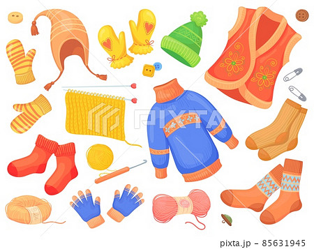 Cartoon wool knitwear. Knit winter clothes, woolen socks jacket scarf sweater jumper, knitted garments, clothe garment from wools cloth, warm outerwear, neat vector illustration 85631945