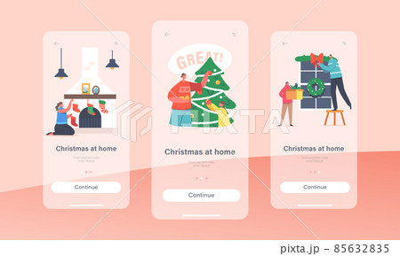 Christmas at Home Mobile App Page Onboard Screen Template. Happy Family Decorating Room for Xmas. Father Decorate Window 85632835