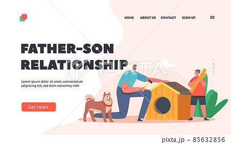 Father Son Relationship Landing Page Template. Dad and Son Building Dog Booth, Happy Family Characters Spend Time Father Son Relationship Landing Page Template. Dad and Son Building Dog Booth, Happy Family Characters Spend Time 85632856