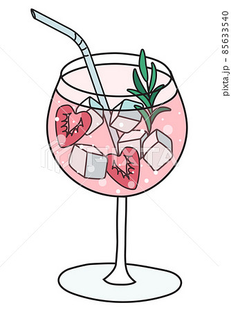 Cute romantic Valentines day pink gin and topic cocktail in balloon glass garnished with juniper and heart shaped strawberries. Doodle cartoon vector illustration isolated on white background 85633540
