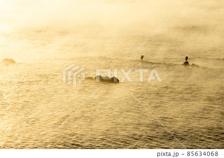 太平洋日向灘に昇る日出で白銀に染まった日南海岸の贄波浜と鳥帽子島に松島と黒島と間に広がる毛嵐 太平洋日向灘に昇る日出で白銀に染まった日南海岸の贄波浜と鳥帽子島に松島と黒島と間に広がる毛嵐 85634068