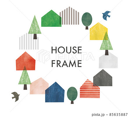 北欧コラージュ風の水彩の家と街並みフレーム 85635887