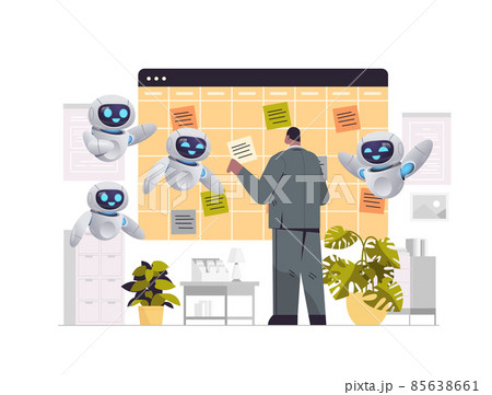 businessman with robots assistants planning day scheduling appointment agenda meeting plan time management 85638661