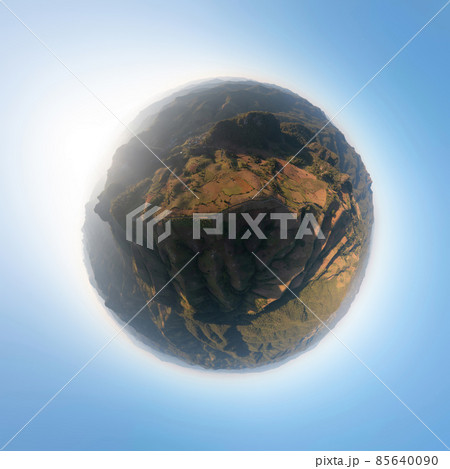 Little planet 360 degree sphere. Panorama of aerial top view of forest trees and green mountain hills. Nature landscape background, Thailand. 85640090