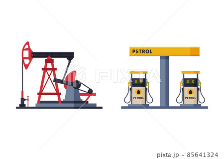 Oil Well with Pumpjack as Overground Drive for Bringing Petroleum and Gas Filling Station Stand Vector Set Oil Well with Pumpjack as Overground Drive for Bringing Petroleum and Gas Filling Station Stand Vector Set 85641324