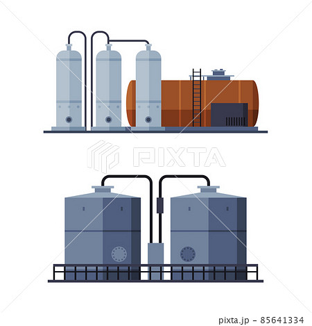 Steel Tank or Storage Reservoir with Oil or Petroleum Vector Set Steel Tank or Storage Reservoir with Oil or Petroleum Vector Set 85641334