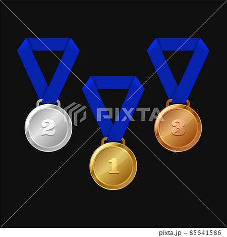 Gold, Silver and Bronze Medals Set with Blue Ribbon. Vector 85641586
