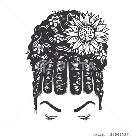 Woman face Afro Natural Hairstyle curly flat twist Bun vintage hairstyles with flower vector line art illustration. 85641587