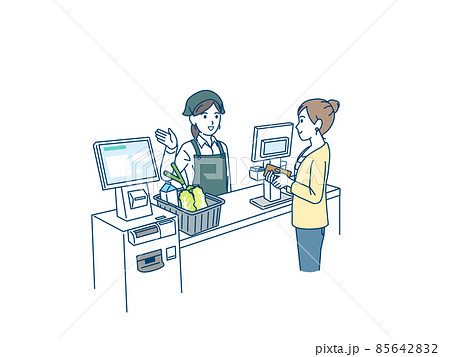 スーパーで買い物をする女性 会計 精算 セルフレジ 女性店員 スーパーで買い物をする女性 会計 精算 セルフレジ 女性店員 85642832