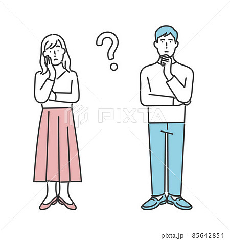 考える・悩む・困った表情の男女の若者の全身イラスト素材 85642854