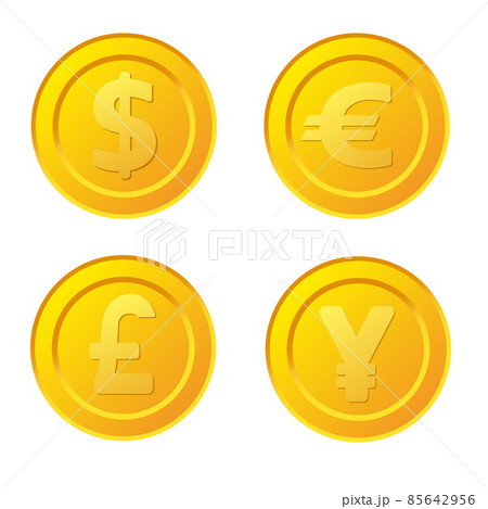 Set of stylized golden coin with currency symbols: dollar, euro, pound and yen signs 85642956