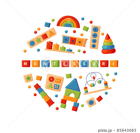 Montessori education logic toys. Children wooden toys for preschool kids. Montessori system for early childhood development. Banner with multicolored sorters. Vector illustrations on white background Montessori education logic toys. Children wooden toys for preschool kids. Montessori system for early childhood development. Banner with multicolored sorters. Vector illustrations on white background 85643065
