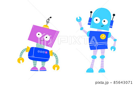 Happy funny cartoon childish robots character. Colorful kids robots with thoughtful face. Flat vector illustration isolated on white background 85643071