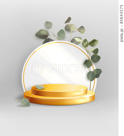 Mockup of golden two-stage round podium on a white background with eucalyptus leaves Mockup of golden two-stage round podium on a white background with eucalyptus leaves 85643575