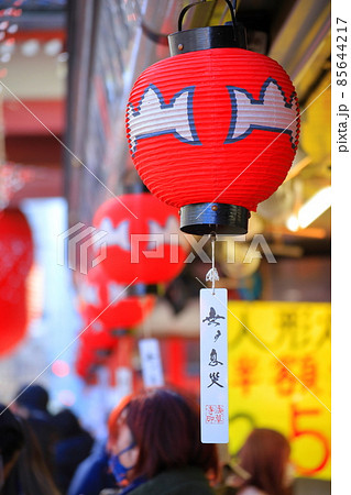 浅草寺の正月の賑わい　仲見世商店街の提灯　札は無病息災 85644217