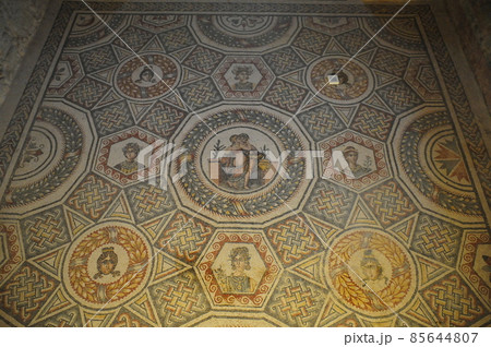 イタリア、シチリア島、ピアッツァ・アルメリーナ、カサーレの古代ローマの別荘、皇帝の寝室のモザイク イタリア、シチリア島、ピアッツァ・アルメリーナ、カサーレの古代ローマの別荘、皇帝の寝室のモザイク 85644807