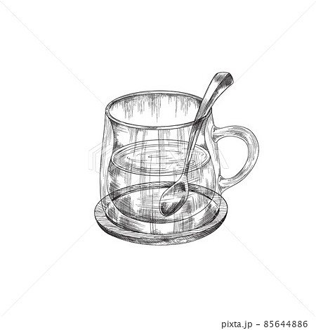 Indian tea in a glass cup, sketch vector illustration. Transparent mug of herbal or masala tea, engraved style drawing. 85644886