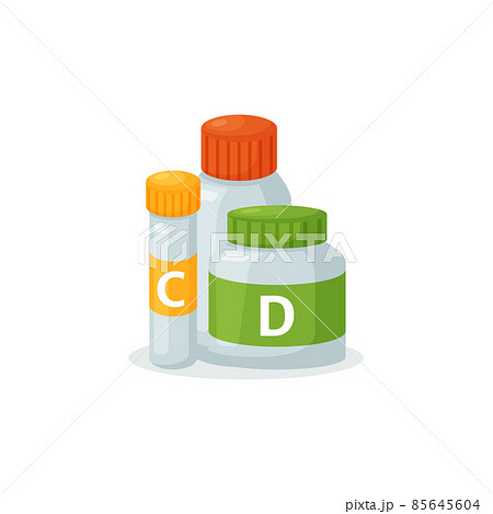 Bottles of vitamin C and D, flat vector illustration isolated on white background. Bottles of vitamin C and D, flat vector illustration isolated on white background. 85645604