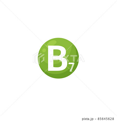 Vitamin B7 green shining supplement capsule vector icon. Vitamin B Seven round circle pill, medicine to boost energy. 85645628