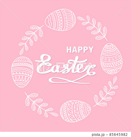 Happy Easter greeting card with floral elements, branches and drawing eggs on pink background 85645982