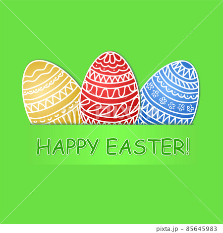 Happy Easter greeting card with colored eggs on green grass background, stock vector illustration 85645983
