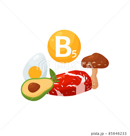 Vitamin B5 yellow shinning capsule vector icon. Good nutrition sources of vitamin B5: beef, avocado, egg and mushroom. Vitamin B5 yellow shinning capsule vector icon. Good nutrition sources of vitamin B5: beef, avocado, egg and mushroom. 85646233