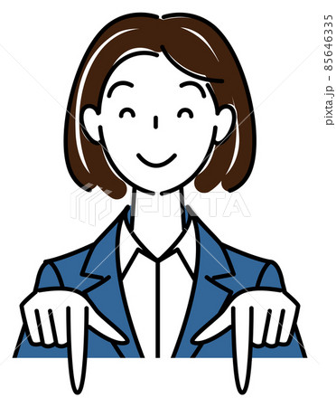 笑顔で下の方向を指差しているスーツ姿の可愛い女性 ビジネスパーソン イラスト ベクター 笑顔で下の方向を指差しているスーツ姿の可愛い女性 ビジネスパーソン イラスト ベクター 85646335