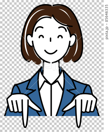 笑顔で下の方向を指差しているスーツ姿の可愛い女性 ビジネスパーソン イラスト ベクター 笑顔で下の方向を指差しているスーツ姿の可愛い女性 ビジネスパーソン イラスト ベクター 85646335