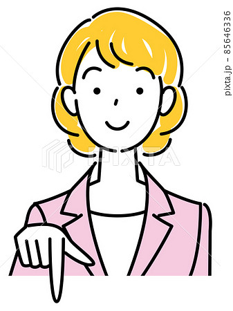 笑顔で下の方向を指差しているスーツ姿の可愛い女性 ビジネスパーソン イラスト ベクター 笑顔で下の方向を指差しているスーツ姿の可愛い女性 ビジネスパーソン イラスト ベクター 85646336