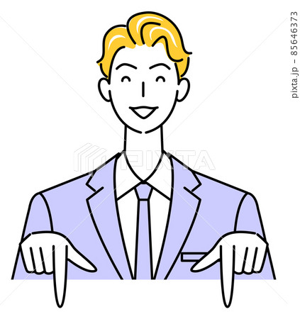 笑顔で下の方向を指差しているスーツ姿の可愛い男性 ビジネスパーソン イラスト ベクター 85646373