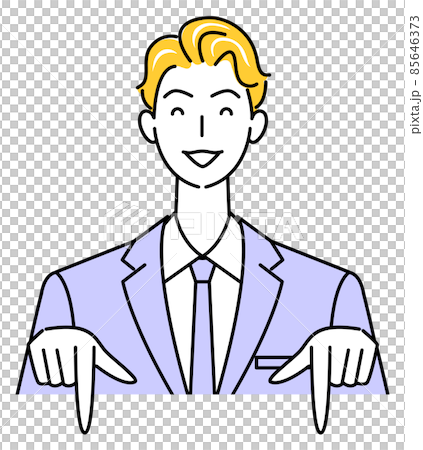 笑顔で下の方向を指差しているスーツ姿の可愛い男性 ビジネスパーソン イラスト ベクター 85646373