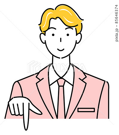 笑顔で下の方向を指差しているスーツ姿の可愛い男性 ビジネスパーソン イラスト ベクター 笑顔で下の方向を指差しているスーツ姿の可愛い男性 ビジネスパーソン イラスト ベクター 85646374