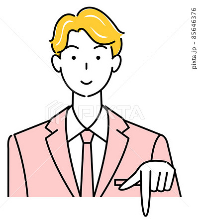 笑顔で下の方向を指差しているスーツ姿の可愛い男性 ビジネスパーソン イラスト ベクター 笑顔で下の方向を指差しているスーツ姿の可愛い男性 ビジネスパーソン イラスト ベクター 85646376