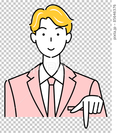 笑顔で下の方向を指差しているスーツ姿の可愛い男性 ビジネスパーソン イラスト ベクター 笑顔で下の方向を指差しているスーツ姿の可愛い男性 ビジネスパーソン イラスト ベクター 85646376