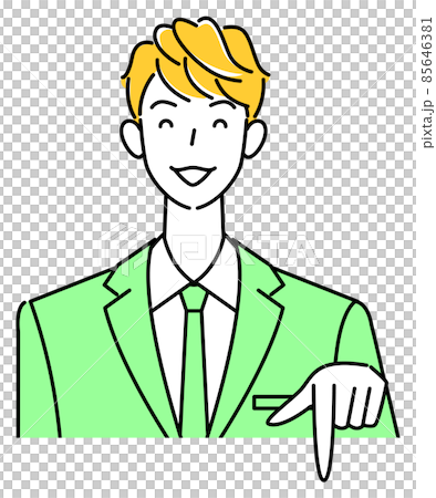 Cute male business person in a suit pointing down with a smile Illustration vector 85646381