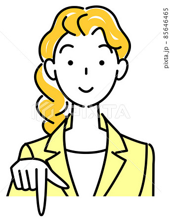 笑顔で下の方向を指差しているスーツ姿の可愛い女性 ビジネスパーソン イラスト ベクター 85646465