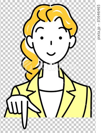 笑顔で下の方向を指差しているスーツ姿の可愛い女性 ビジネスパーソン イラスト ベクター 85646465