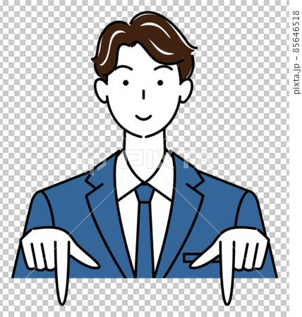 笑顔で下の方向を指差しているスーツ姿の可愛い男性 ビジネスパーソン イラスト ベクターのイラスト素材