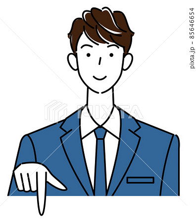 笑顔で下の方向を指差しているスーツ姿の可愛い男性 ビジネスパーソン イラスト ベクターのイラスト素材