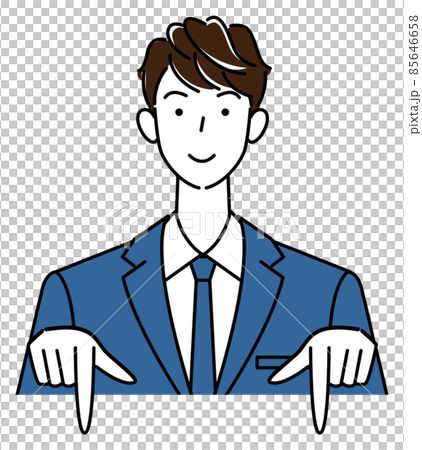笑顔で下の方向を指差しているスーツ姿の可愛い男性 ビジネスパーソン イラスト ベクター 85646658