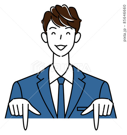 笑顔で下の方向を指差しているスーツ姿の可愛い男性 ビジネスパーソン イラスト ベクター 85646660