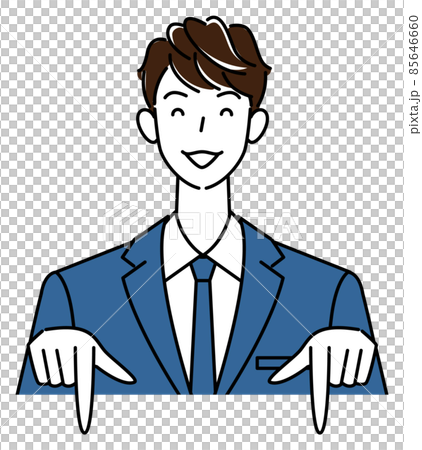 笑顔で下の方向を指差しているスーツ姿の可愛い男性 ビジネスパーソン イラスト ベクター 85646660