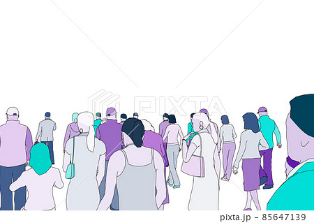Crowd of people walking forward isolated on white background. Back view, backs of people without a face. Flat style. Silhouettes with contours of people. Vector illustration Crowd of people walking forward isolated on white background. Back view, backs of people without a face. Flat style. Silhouettes with contours of people. Vector illustration 85647139