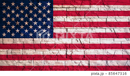 American flag with gray stone wall tiles texture. Texture of old poster back with us flag. Web banner template for industrial design. Vector 85647316