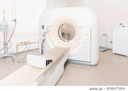 Medical CT or MRI Scan in the modern hospital laboratory. Interior of radiography department. Technologically advanced equipment in white room. Magnetic resonance diagnostics machine. 85647564
