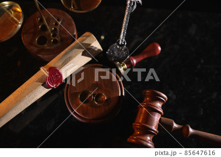 Last will and rings in notary office. Death and legacy concept. Top view. 85647616