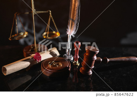 Last will and rings in notary office. Death and legacy concept. Top view. 85647622