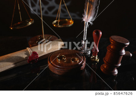 Last will and rings in notary office. Death and legacy concept. Top view. Last will and rings in notary office. Death and legacy concept. Top view. 85647626