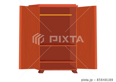 Wooden wardrobe empty furniture with shelf in cartoon style isolated on white background. Cupboard, drawer interior object. 85648189