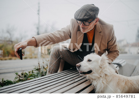 Happy senior man sitting on bench and taking selfie during dog walk outdoors in city. Happy senior man sitting on bench and taking selfie during dog walk outdoors in city. 85649781